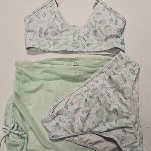 Seashell Print Young Girls 3 Piece Swimsuit Size 10-12